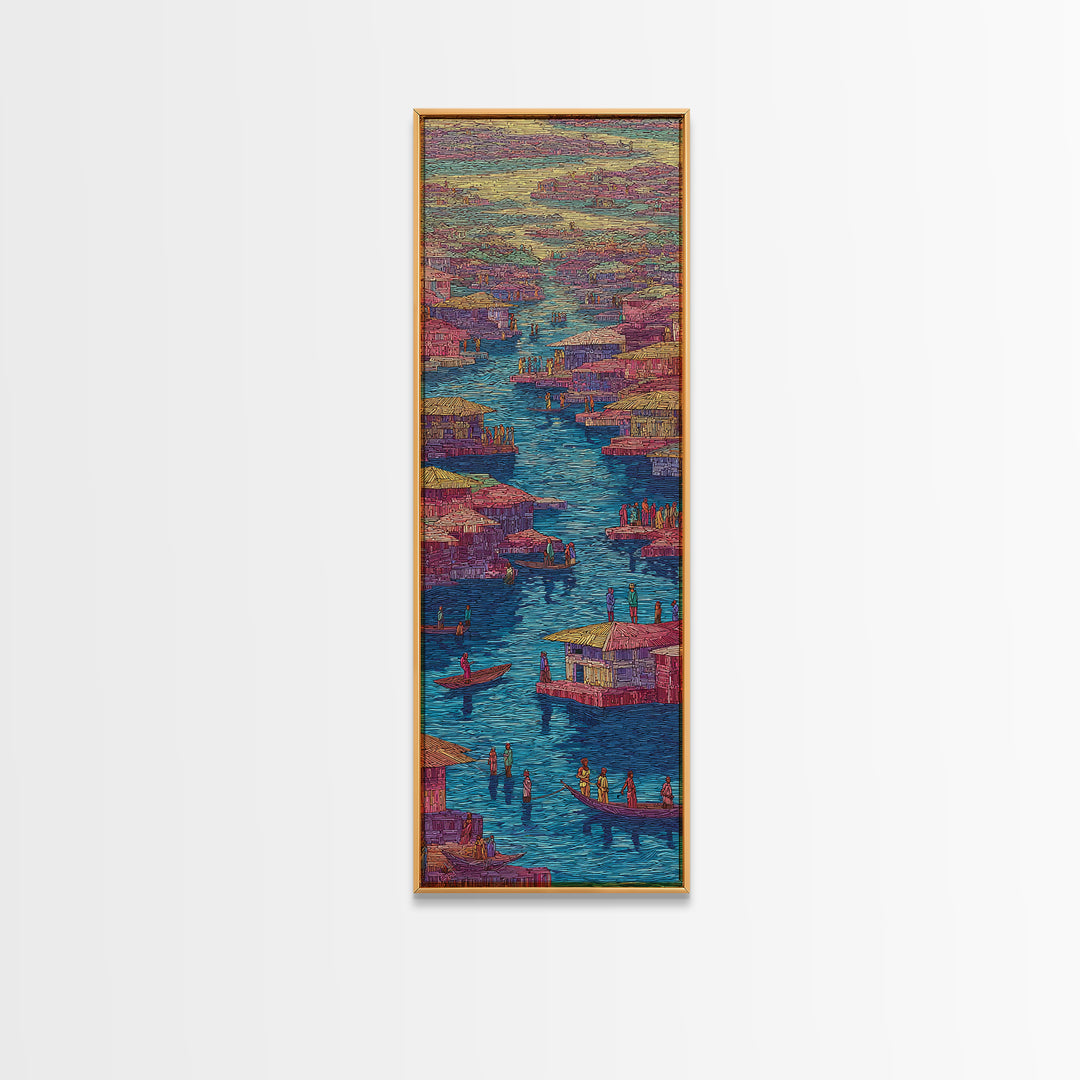 Colorful Pink African River Village Wall Art, Boats And Waterfront Homes, African Prints, Vibrant Cultural Canvas Print, Decor