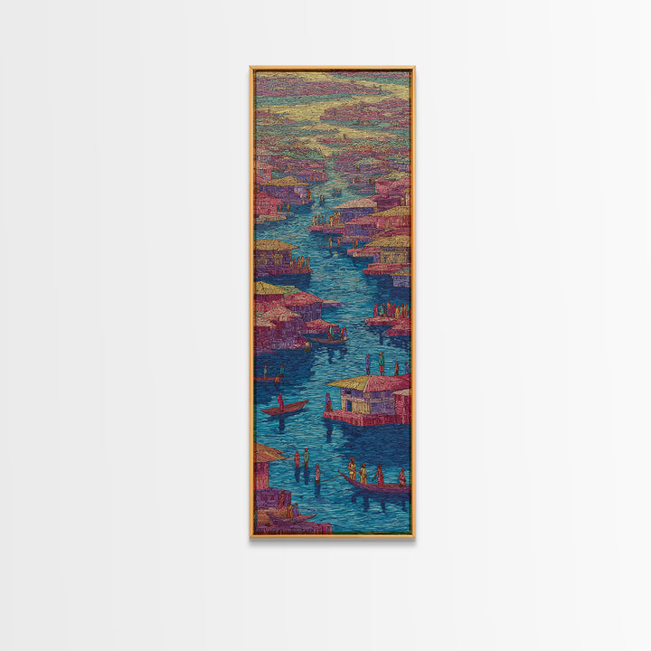 Colorful Pink African River Village Wall Art, Boats And Waterfront Homes, African Prints, Vibrant Cultural Canvas Print, Decor