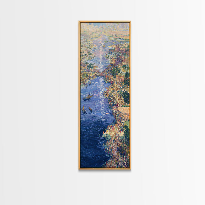 Sunlit African River Crowd Wall Art, Blue Water Boats, Cultural Cityscape, Afrocentric Decor, African Painting Canvas Print