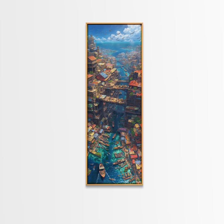 Fantastical African Canal City Wall Art, Boats Bridges And Coastal Skyline, Modern African Art, Statement Canvas Print, Decor