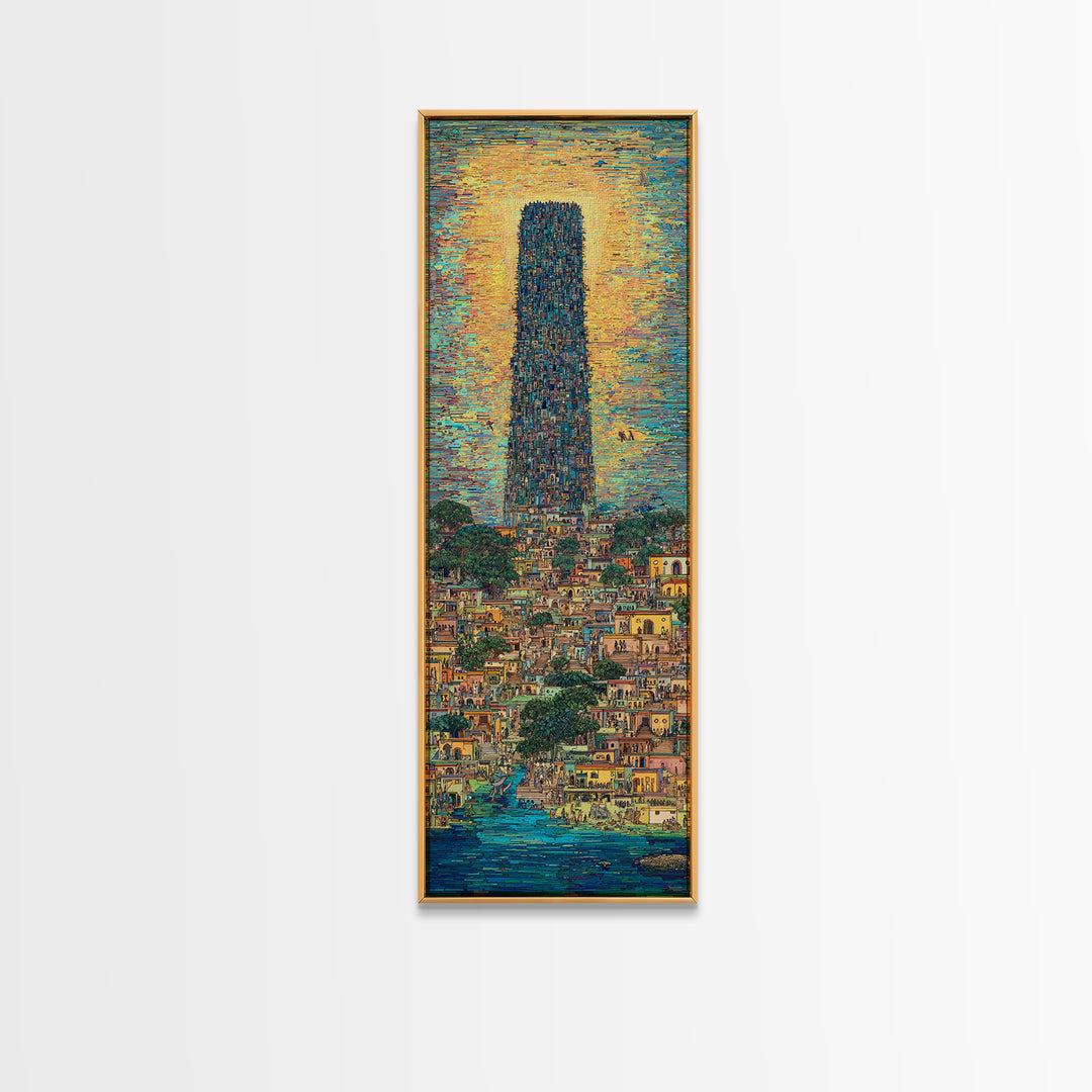 Monumental African Tower City Wall Art, Sunlit Waterfront Skyline, Modern African Art, Urban Statement Canvas Print, Decor