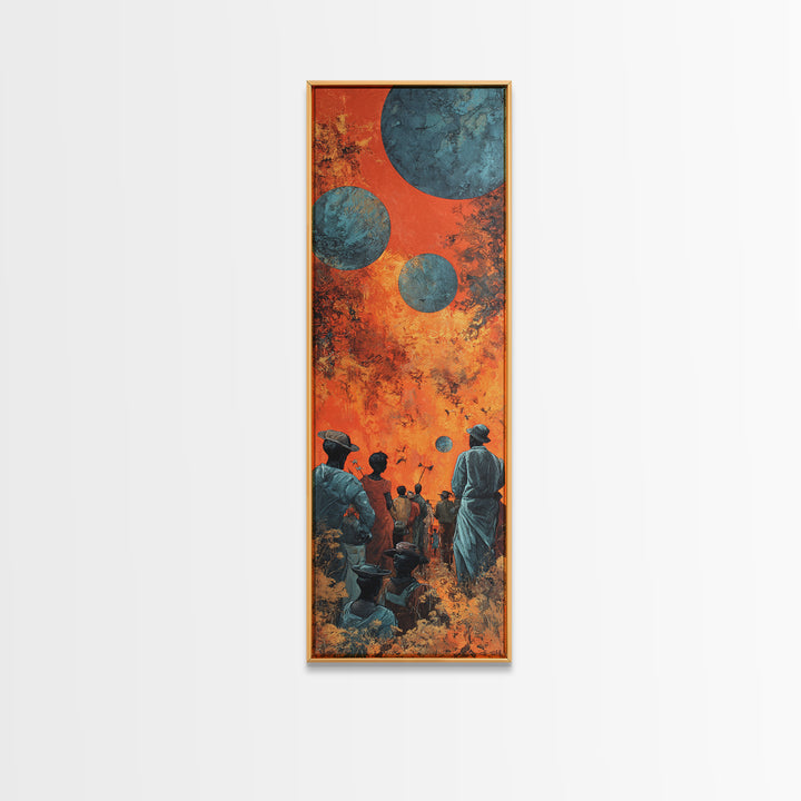 Surreal African Planet Gathering Wall Art, Orange Sky Blue Moons, Afrofuturism Decor, Spiritual Framed Canvas Print, Mystical Wall Decor