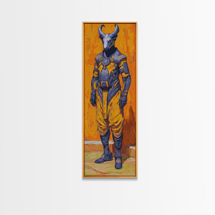 Horned African Warrior Afrofuturism Canvas Print, Orange Sci Fi Tribal Art, Bold Black Art Decor, Unique Gift For Him Wall Art