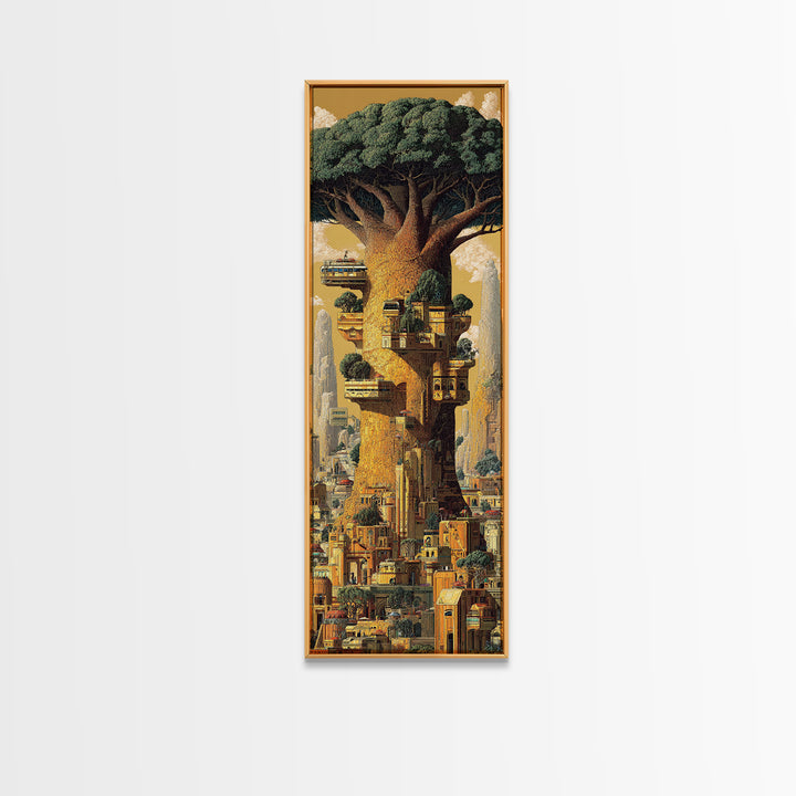 Giant African Tree City Wall Art, Afrofuturism Urban Landscape Canvas Print, Fantasy Architecture Decor, Nature Scene Gift