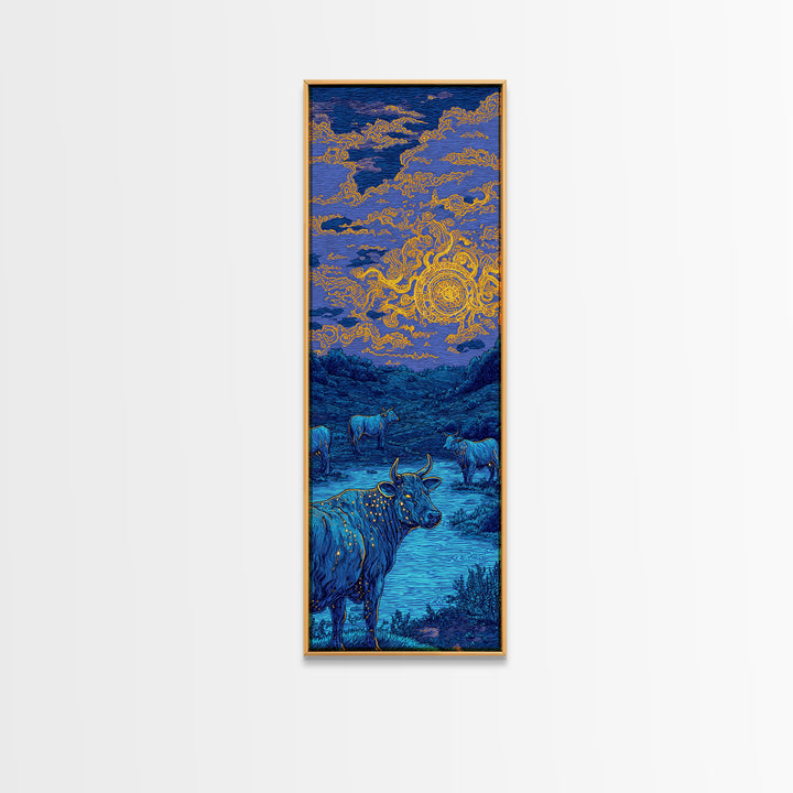 Blue Cow Under Orange Swirl Sky Canvas Print, Rustic Nature Scene Art, Animal Wall Art, Farmhouse Decor, Unique Wall Decor