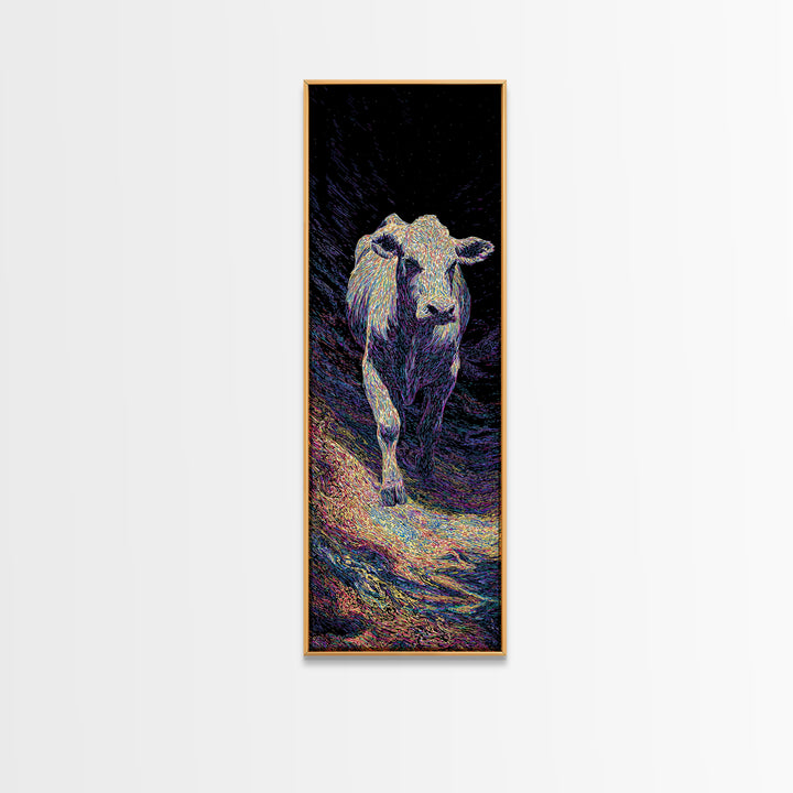 Single White Cow Portrait Wall Art, Dark Pasture Animal Painting, Rustic Decor, Nature Art, Unique Canvas Print, Home Decor
