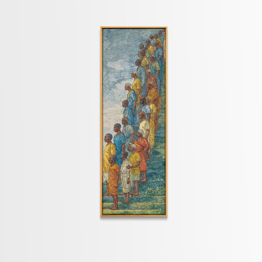 African Children In Colorful Stairway Procession Wall Art, Cultural Canvas Print, Black People Art, Vibrant Afrocentric Decor