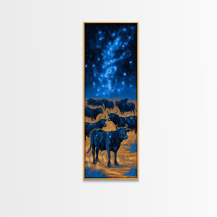 Longhorn Cattle Herd Beneath Blue Milky Way Framed Canvas Print, Western Animal Wall Art, Nature Scene Art, Bedroom Decor