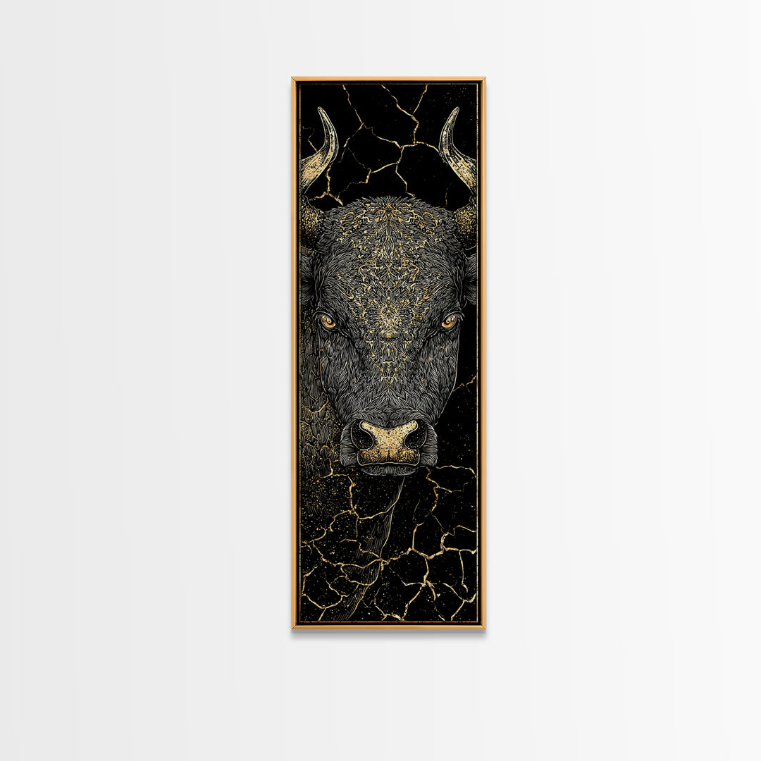 Black Bull Face With Gold Cracked Texture Canvas Print, Powerful Animal Wall Art, Black And Gold Art, Bold Home Decor, Statement Piece
