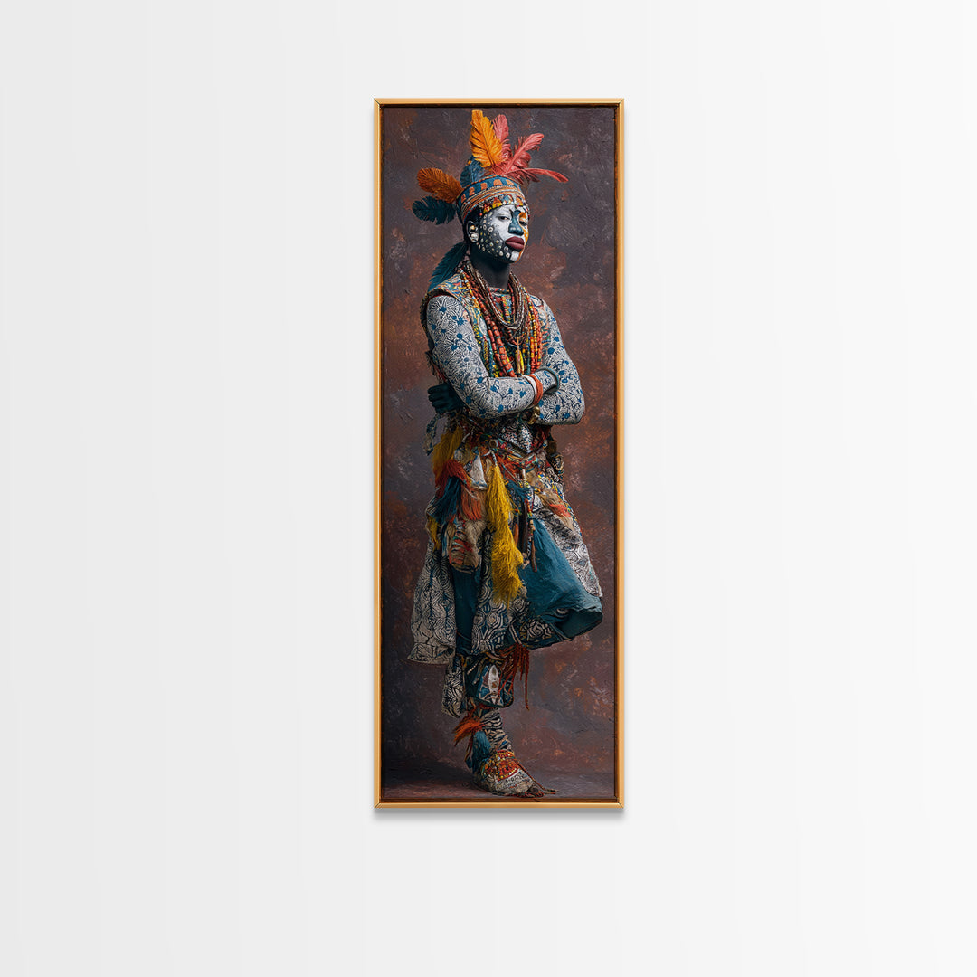 Feathered African Warrior Woman Framed Canvas Print, Tribal Queen Portrait, Afrocentric Wall Decor, Cultural Artwork Gift
