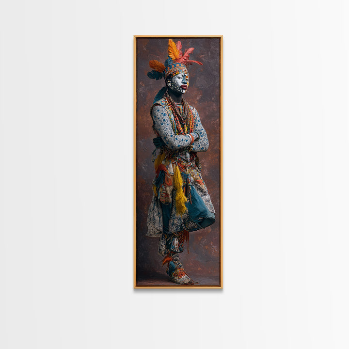 Feathered African Warrior Woman Framed Canvas Print, Tribal Queen Portrait, Afrocentric Wall Decor, Cultural Artwork Gift