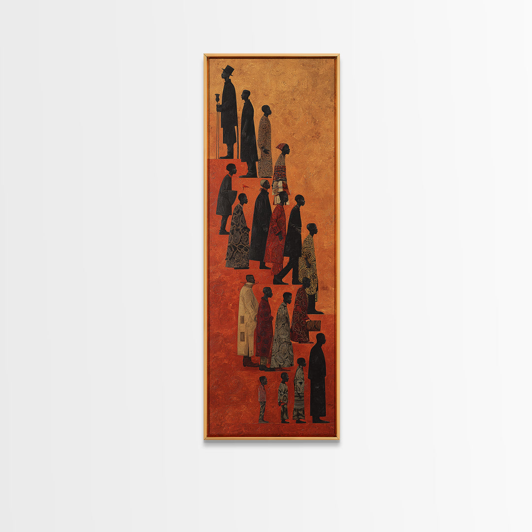 Silhouetted African Family Procession Wall Art, Tall Afrocentric Canvas Print, Tribal Culture Home Decor, Earth Tone Poster