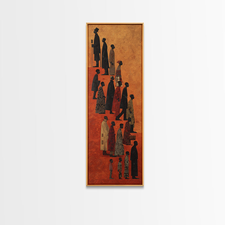 Silhouetted African Family Procession Wall Art, Tall Afrocentric Canvas Print, Tribal Culture Home Decor, Earth Tone Poster
