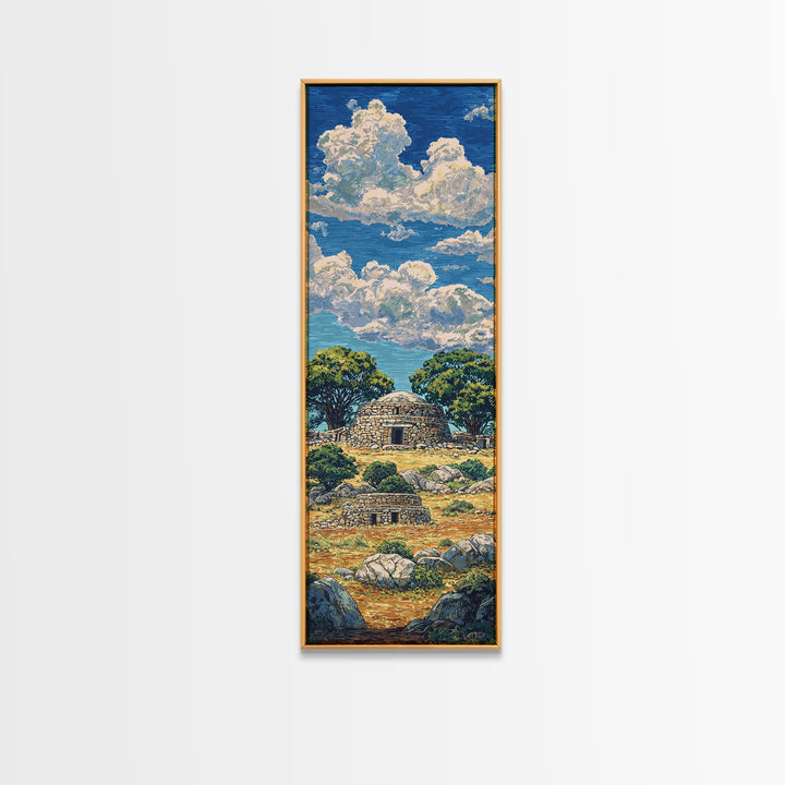 Sunny African Village Hut Canvas Print, Savanna Landscape Wall Decor, Traditional Cultural Art, Serene Nature Home Decor
