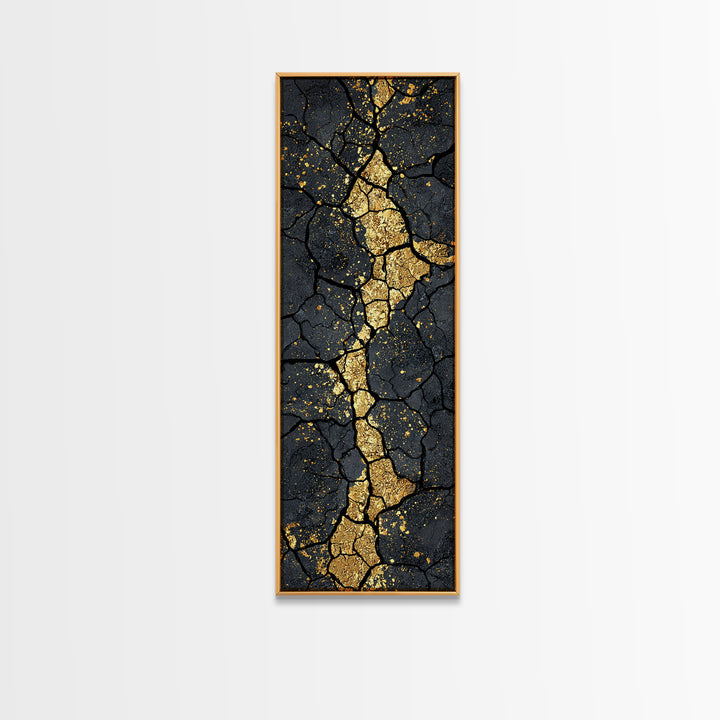 Gold Kintsugi Cracked Stone Abstract African Wall Art, Black And Gold Canvas Decor, Modern Tribal Texture, Luxury Home Decor