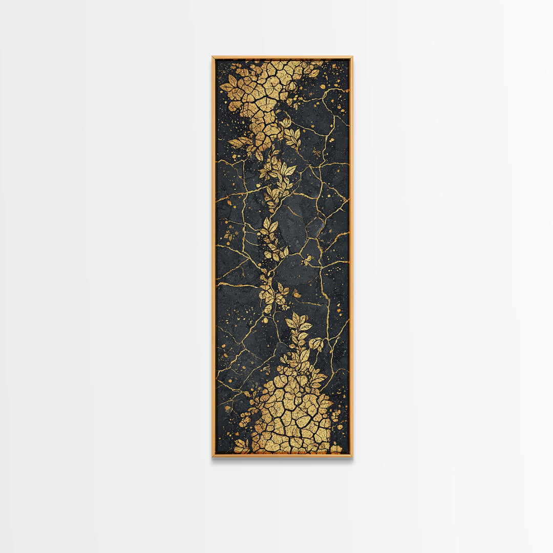 Gold Botanical Kintsugi Cracked Stone Wall Art, Black And Gold Floral Abstract, Luxury African Inspired Canvas Home Decor