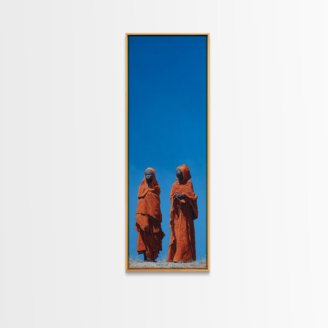 Two African Women In Orange Robes Wall Art, Minimalist Desert Portrait, Blue Sky Cultural Decor, Afrocentric Canvas Print