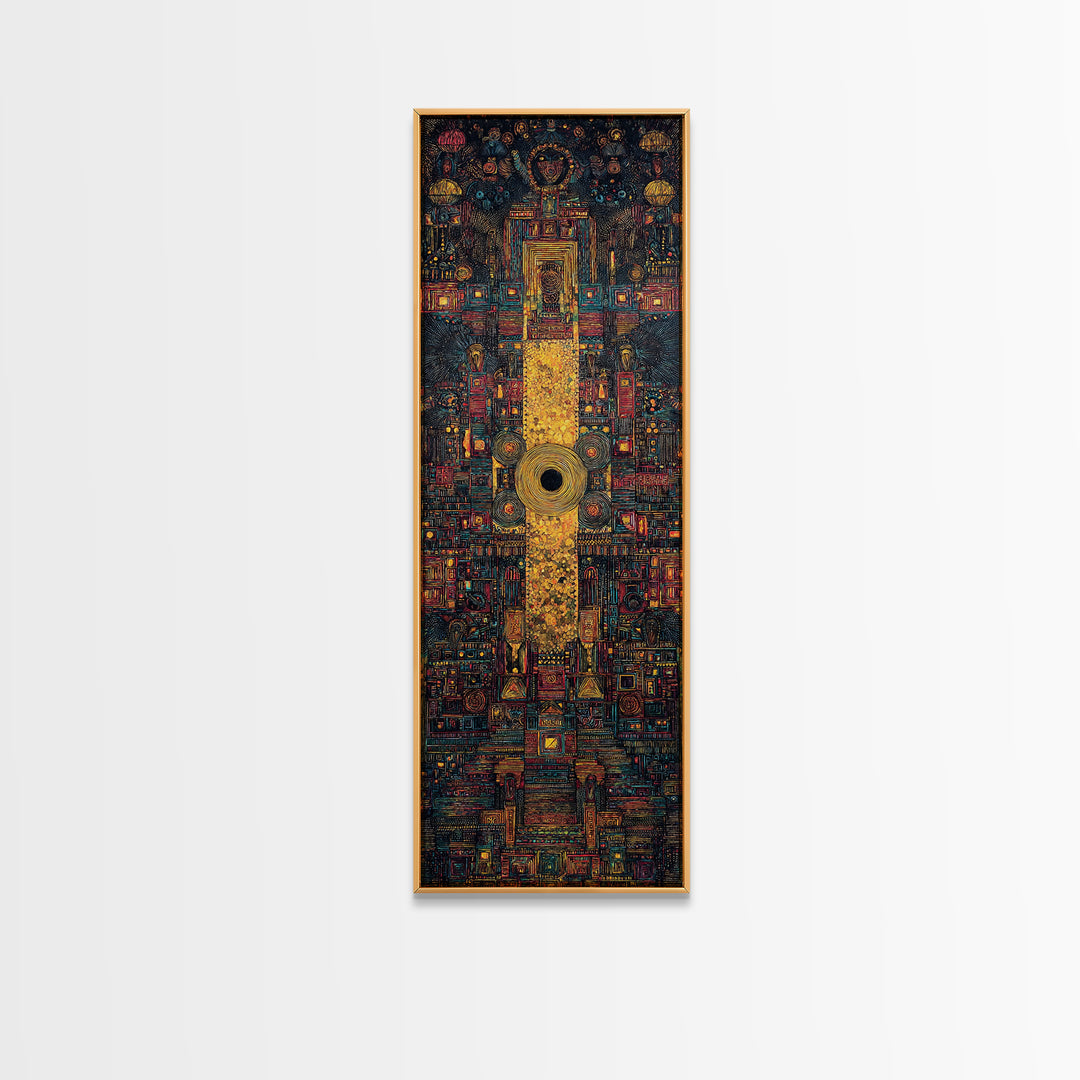 Golden Tribal Temple Abstraction Framed Canvas Print, African Inspired Wall Decor, Afrocentric Art, Bold Cultural Home Decor