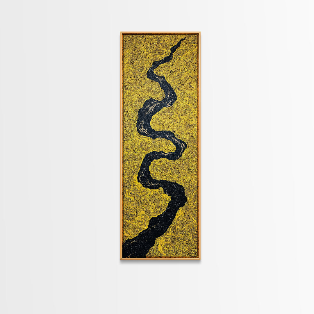 Black Winding River On Gold Texture Wall Art, Minimalist Abstract Landscape, Earth Tone Decor, Modern Canvas Gift For Living Room