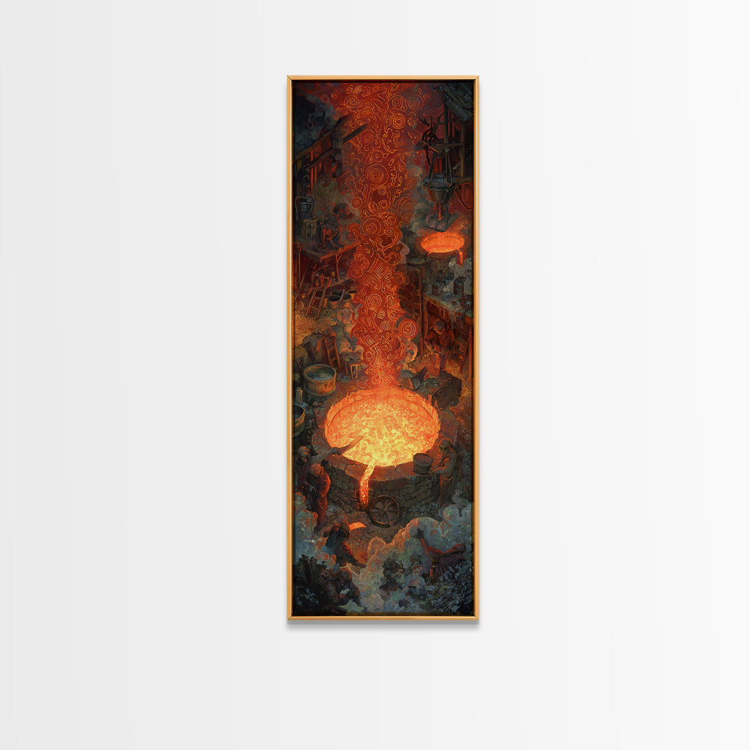 Molten Forge Workshop With Glowing Symbols Framed Canvas Print, Industrial Fantasy Wall Art, Orange Painting Home Decor Gift