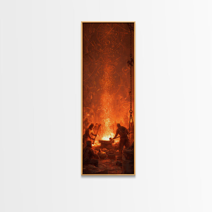 Ancient Forge Ritual With Glowing Sigils Framed Canvas Print, Spiritual Wall Art, Mystical Orange Home Decor Gift For Living Room Decor