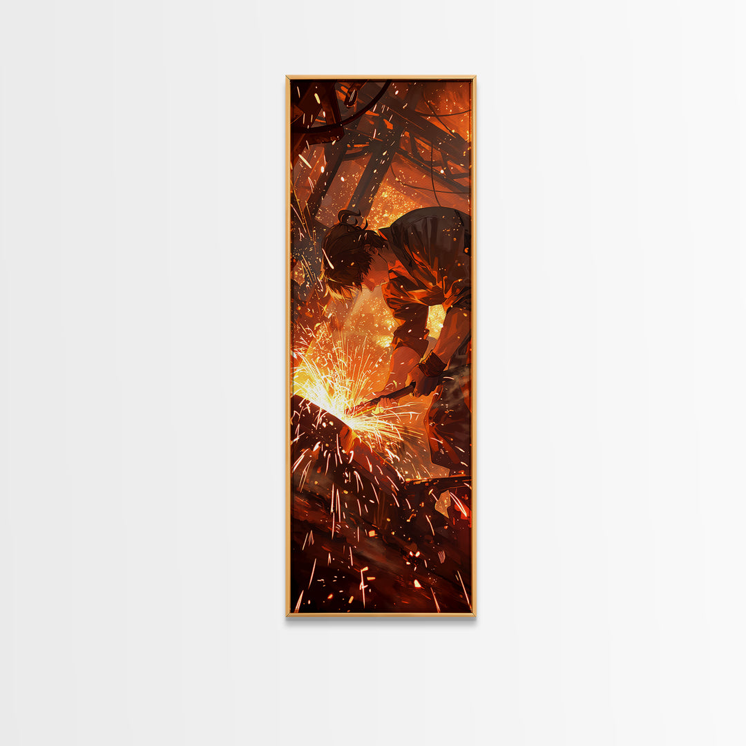 Welder In Shower Of Sparks Wall Art, Dramatic Orange Canvas Print, Industrial Workshop Art, Masculine Office Decor Gift For Him
