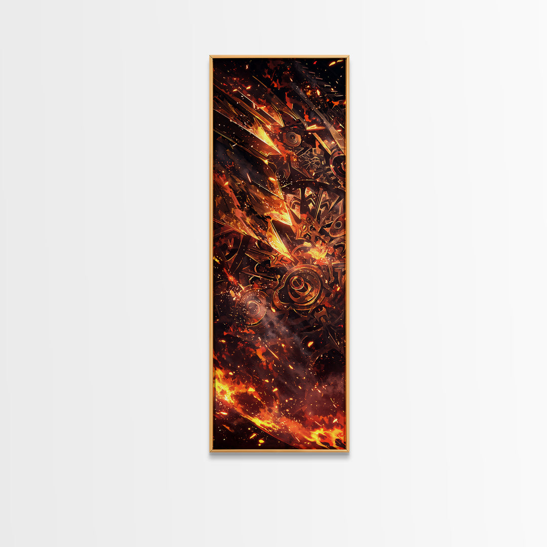 Fiery Mechanical Gears And Sparks Wall Art, Abstract African Inspired Industrial Canvas Print, Bold Orange Black Decor Gift