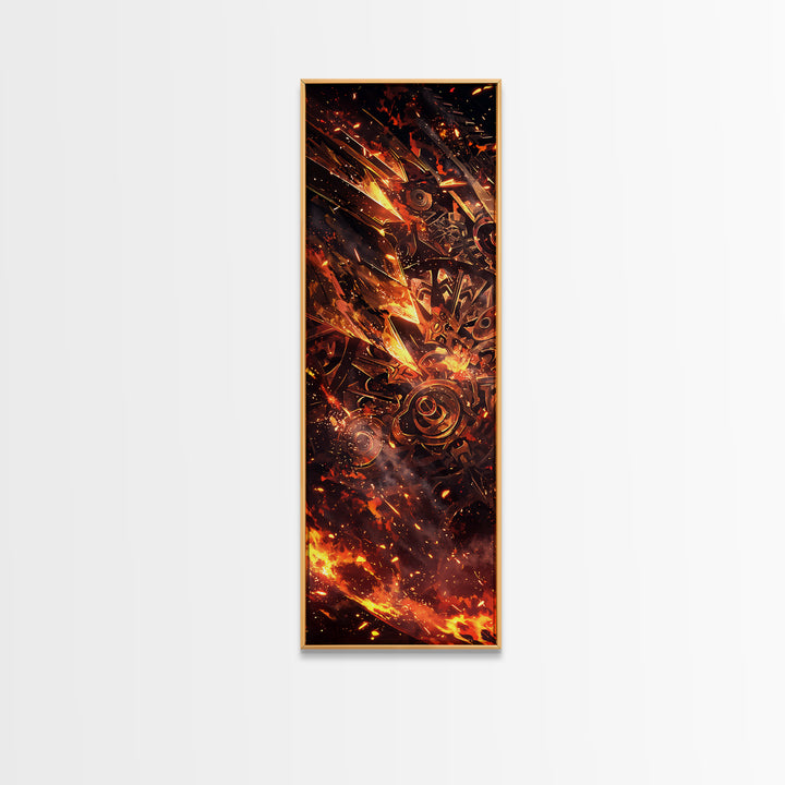 Fiery Mechanical Gears And Sparks Wall Art, Abstract African Inspired Industrial Canvas Print, Bold Orange Black Decor Gift
