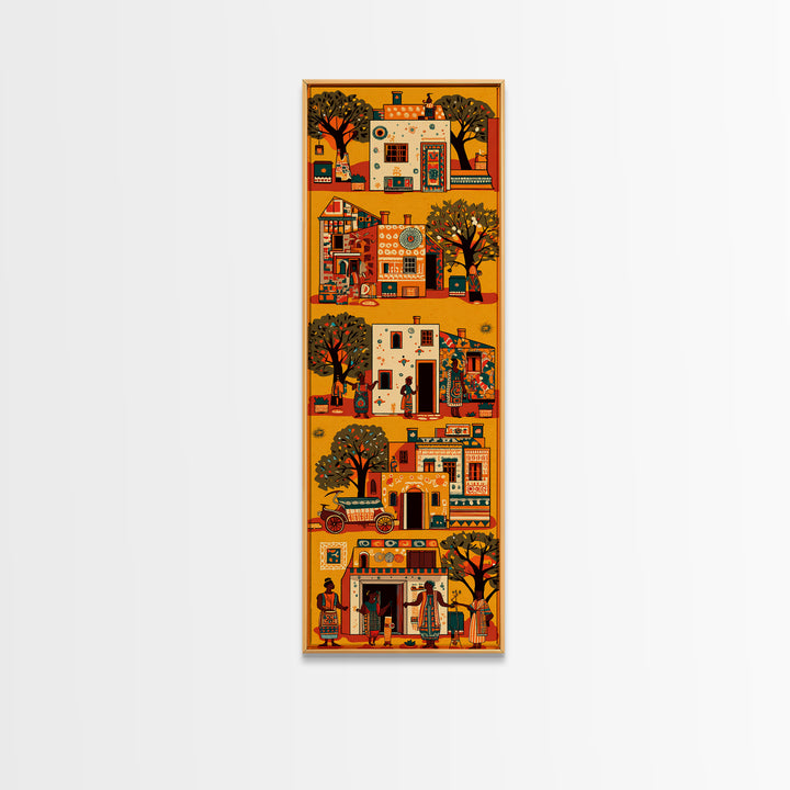 Orange African Village Houses And Trees Wall Art, African Folk Canvas Print, Cultural Home Decor, Afrocentric Travel Gift
