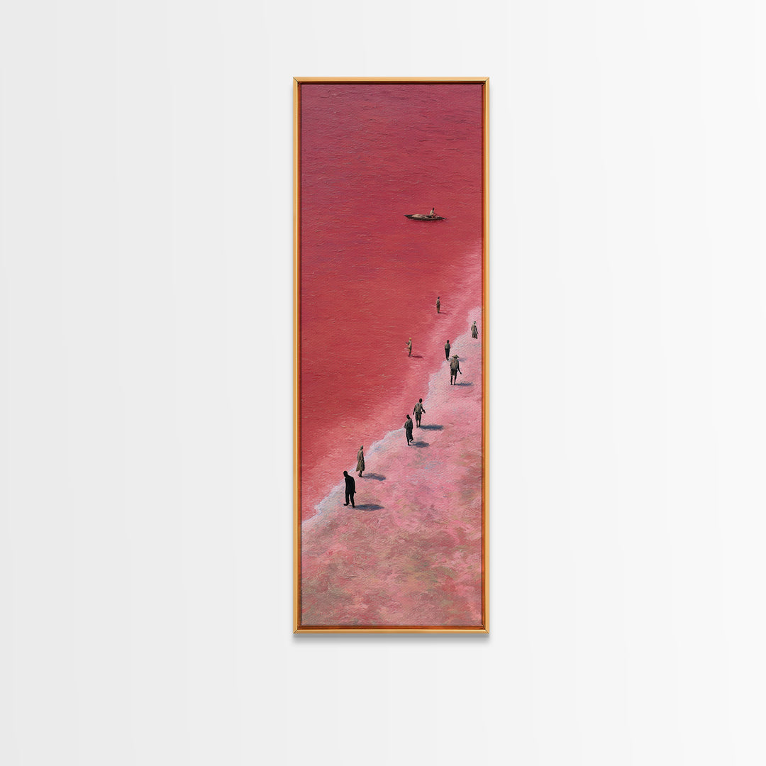 Pink African Salt Lake Shore With Fishermen Wall Art, Lake Retba Landscape, Coastal Boat Print, Serene Travel Home Decor Gift