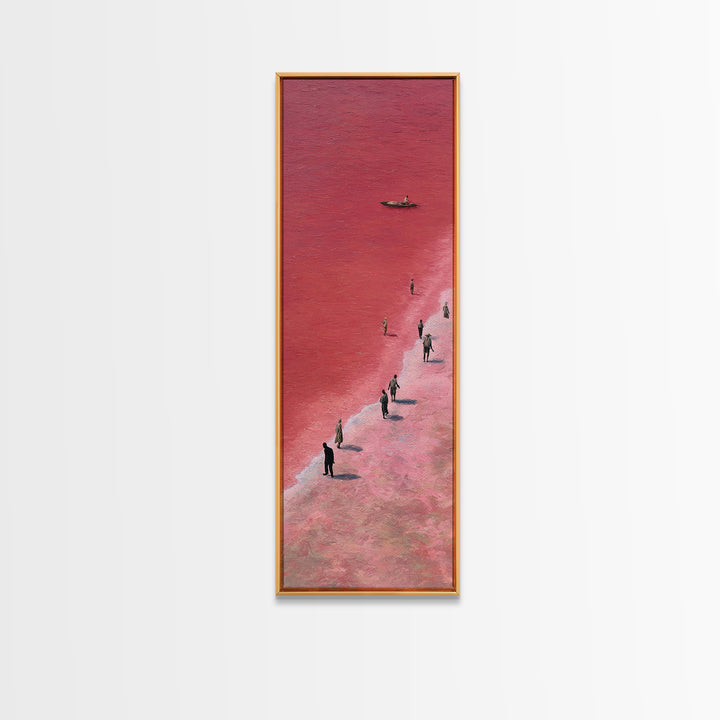 Pink African Salt Lake Shore With Fishermen Wall Art, Lake Retba Landscape, Coastal Boat Print, Serene Travel Home Decor Gift