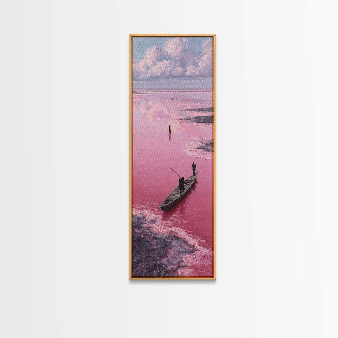 Dreamy Pink African Lagoon With Wooden Boat Canvas Print, Lake Retba Fisherman Scene, Coastal Landscape Wall Decor Gift Art