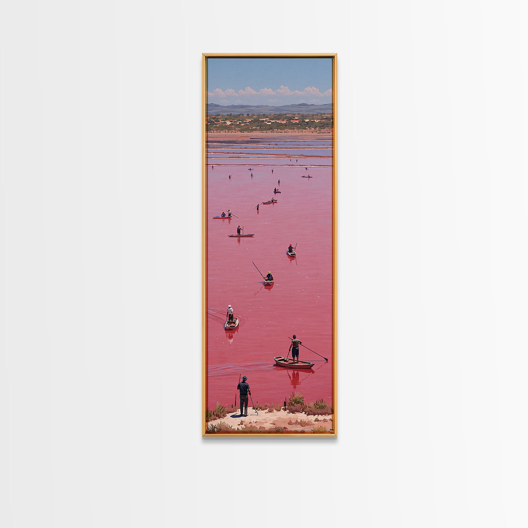 Pink African Lake With Boats And Salt Workers Framed Canvas Print, Lake Retba Landscape, Vibrant Travel Wall Decor Gift Art