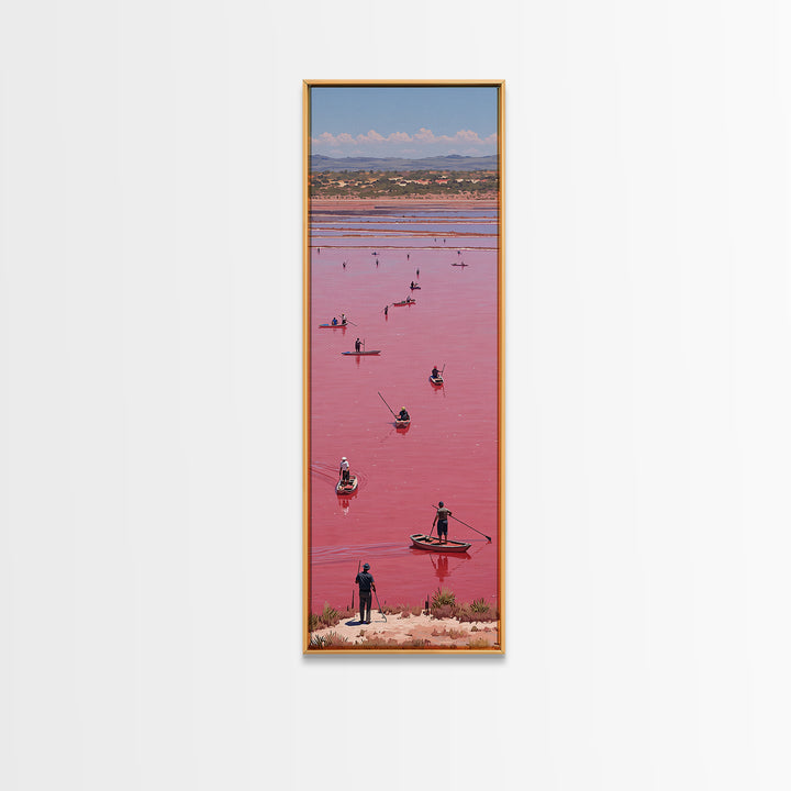 Pink African Lake With Boats And Salt Workers Framed Canvas Print, Lake Retba Landscape, Vibrant Travel Wall Decor Gift Art
