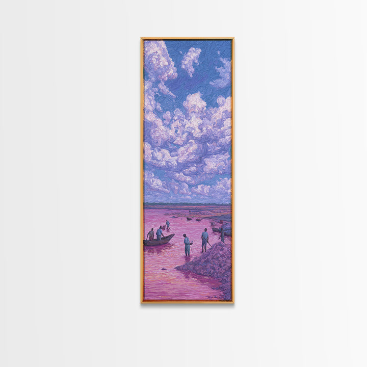 Purple Storm Clouds Over Pink African Lake Canvas Print, Fishermen Boat Landscape, Dreamy Nature Scene Art For Home Decor