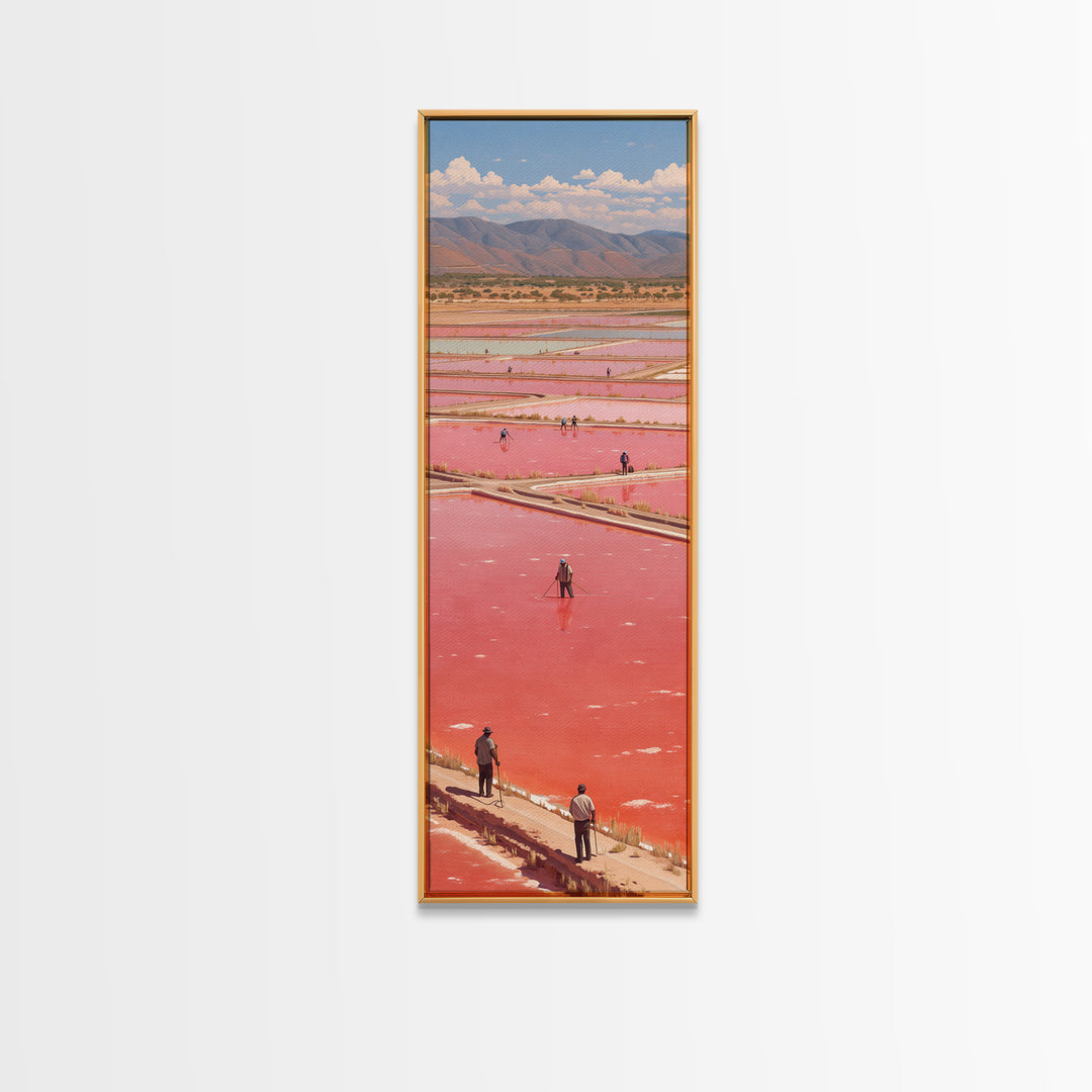 African Pink Salt Ponds With Mountains Wall Art, Lake Retba Workers Landscape Print, Vibrant Travel Decor For Living Room