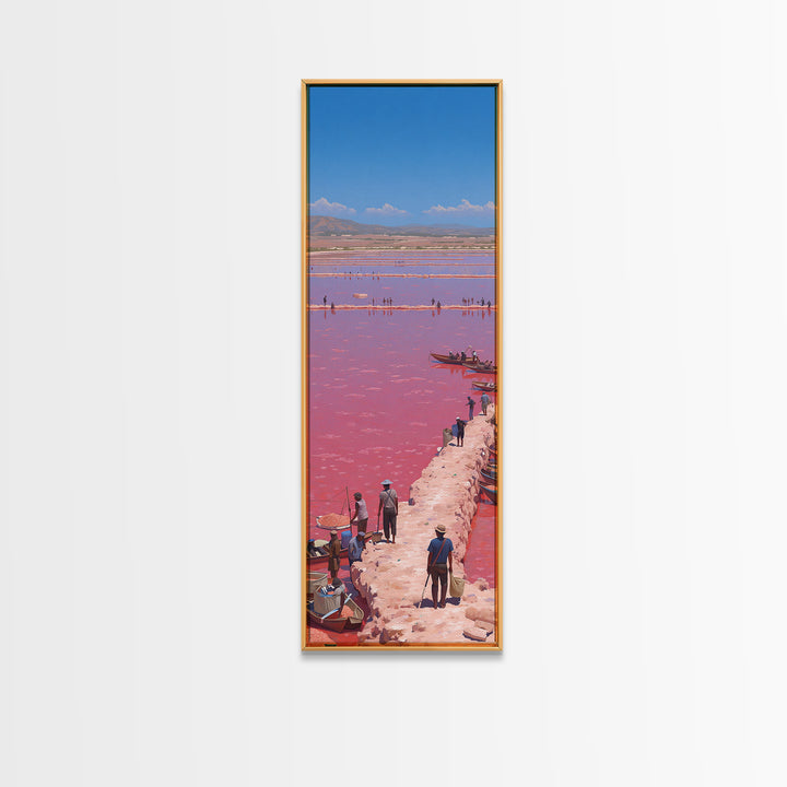 Panoramic Pink African Lake Harbor With Boats Canvas Print, Salt Flat Landscape, Travel Wall Decor Gift For Living Room Art