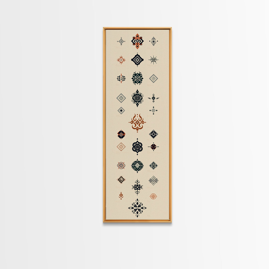 Minimal African Pattern Wall Art, Boho Tribal Symbols, Beige Orange Navy Motifs, Afrocentric Textile Inspired Canvas Print