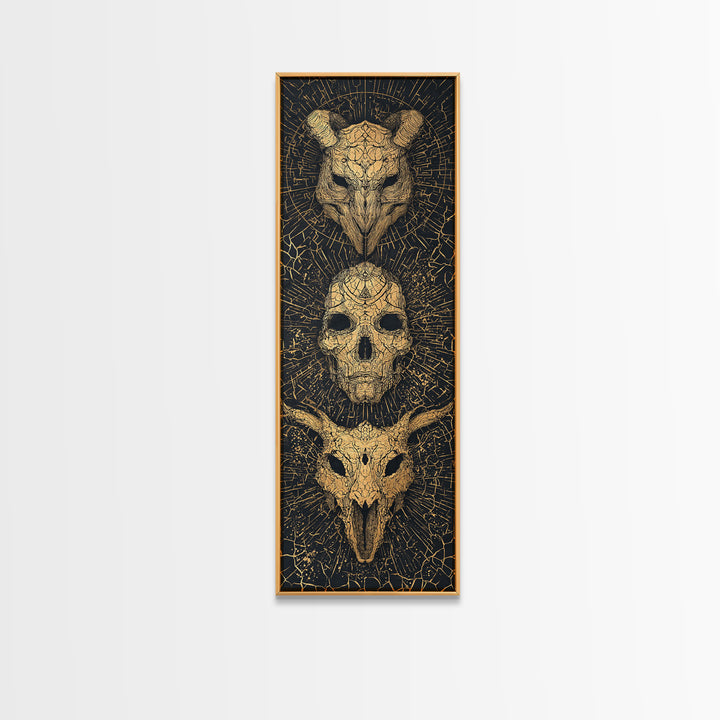 Golden Animal Skull Totem Wall Art, Dark Gothic Canvas Print, Tribal Mystical Home Decor, Unique Occult Statement Poster Gift