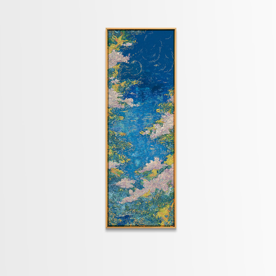 Blue Floral River Landscape Wall Art, Impressionist Garden Water Canvas Print, Nature Scene Art For Serene Home Decor Gift