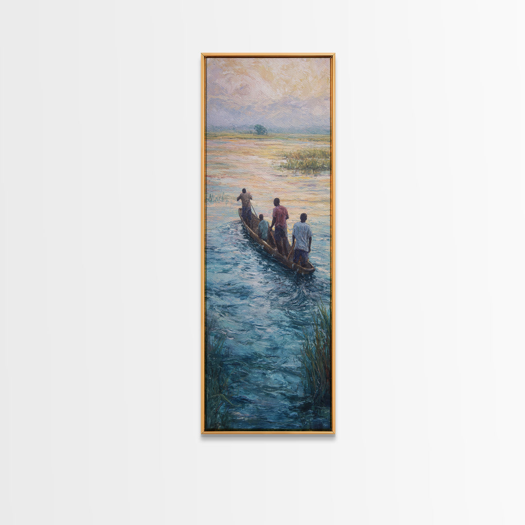 African Canoe River Landscape Wall Art, Fishermen On Water Canvas Print, Serene Safari Cultural Home Decor Gift For Him