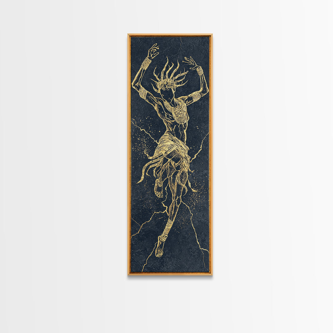 Golden Spirit Dancer Framed Canvas Print, Abstract African Woman Art, Mystical Black And Gold Tribal Wall Decor For Bedroom