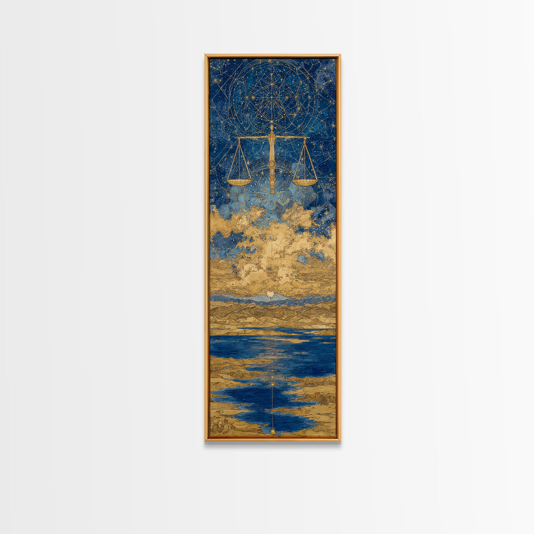 Golden Libra Scales Wall Art, Celestial Zodiac Canvas Print, Blue Ocean Astrology Decor For Modern Bedroom And Living Room Decor Gift