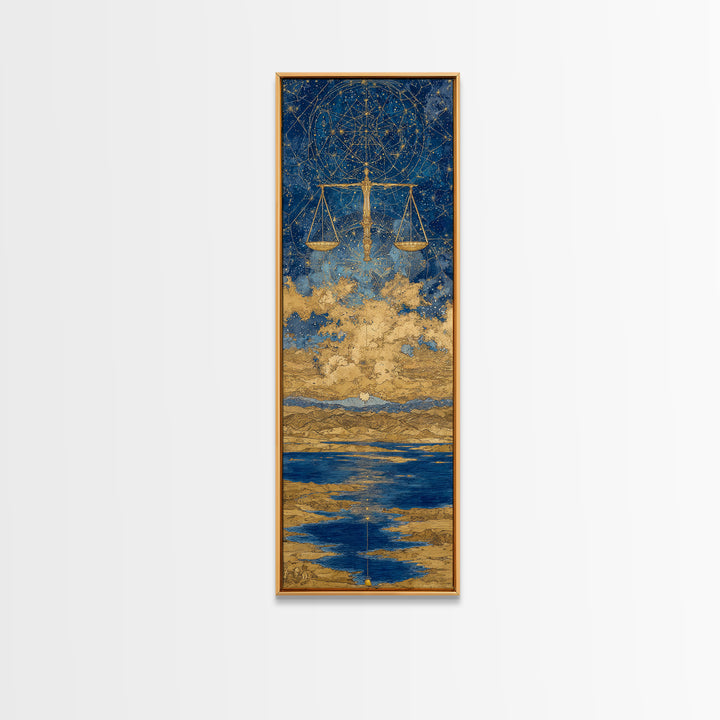 Golden Libra Scales Wall Art, Celestial Zodiac Canvas Print, Blue Ocean Astrology Decor For Modern Bedroom And Living Room Decor Gift