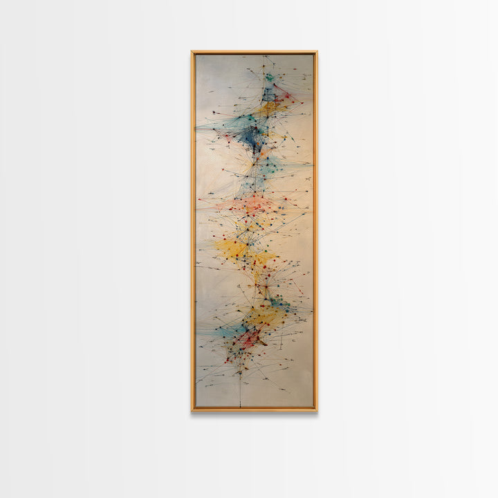 Delicate Abstract Network Wall Art, Teal Red Yellow Line Painting Canvas Print, Modern Minimalist Office Decor Gift For Home