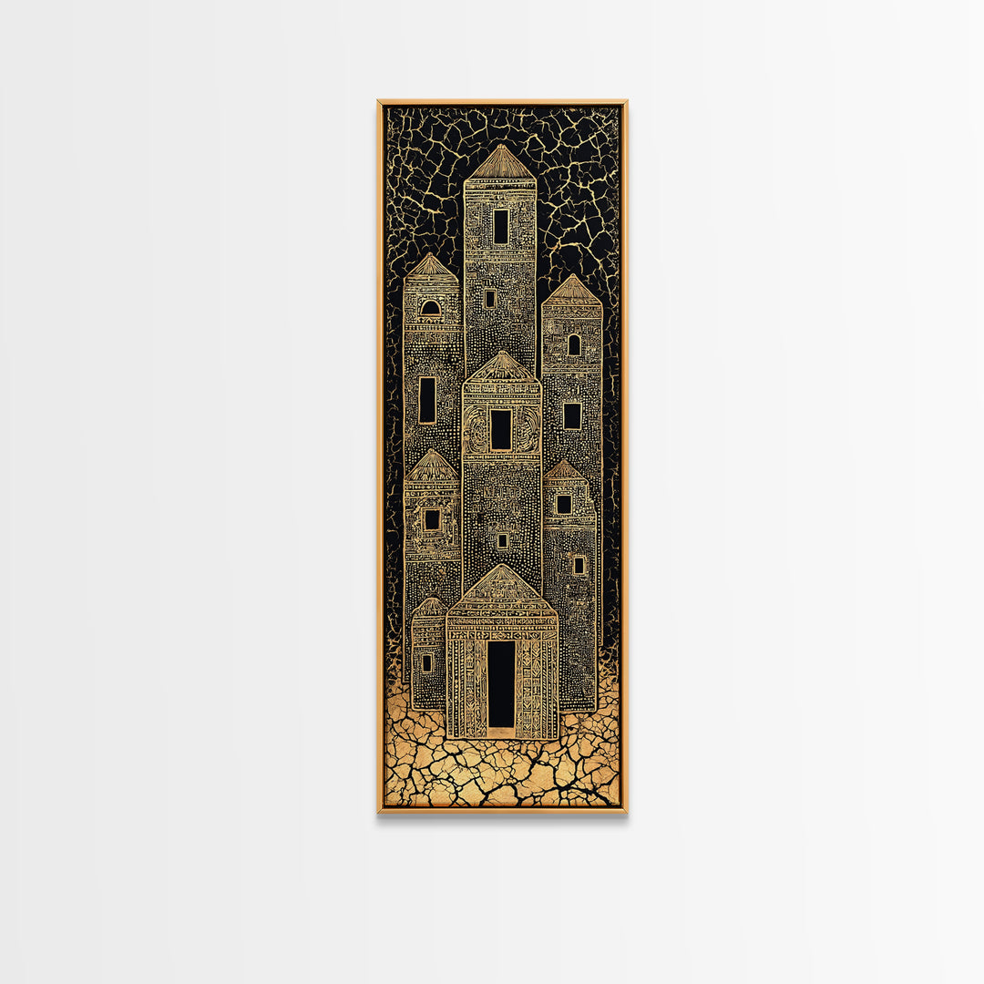 Gold Tribal Desert Towers Wall Art, Black African Architecture Canvas Print, Ancient Village Pattern Home Decor Gift For Him