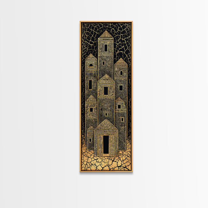 Gold Tribal Desert Towers Wall Art, Black African Architecture Canvas Print, Ancient Village Pattern Home Decor Gift For Him