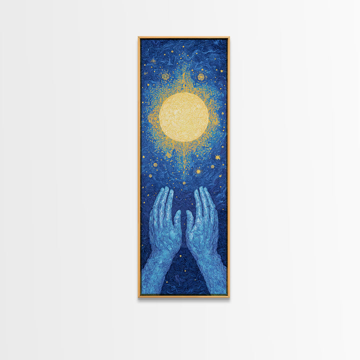 Glowing Celestial Sun Between Blue Hands Wall Art, Spiritual Wall Art, Mystical Wall Art, Starry Blue Home Decor Gift Idea