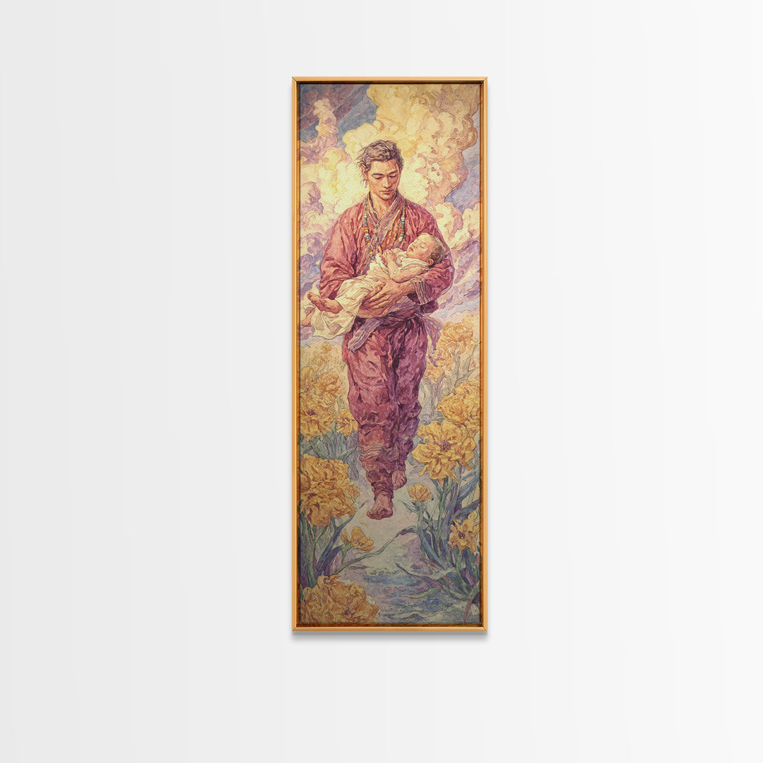 Gentle Shepherd Carrying Lamb Through Golden Flowers Framed Canvas Print, Spiritual Wall Art, Painting, Meaningful Gift For Home