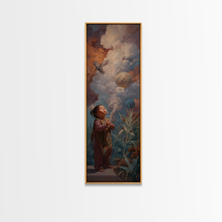 Wondering Child Beneath Cloud Birds And Planets Canvas Print, Dreamy Wall Art, Nature Scene Art, Unique Home Decor Gift Idea
